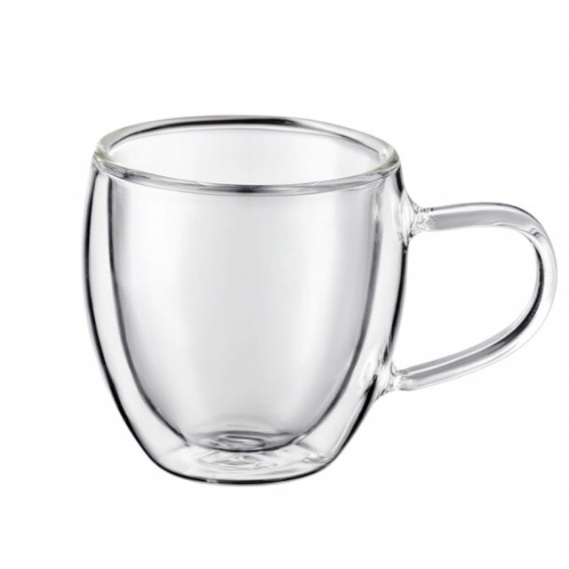 Cana cu pereti dubli Pufo pentru bauturi fierbinti, cafea sau ceai, 250 ml, transparent