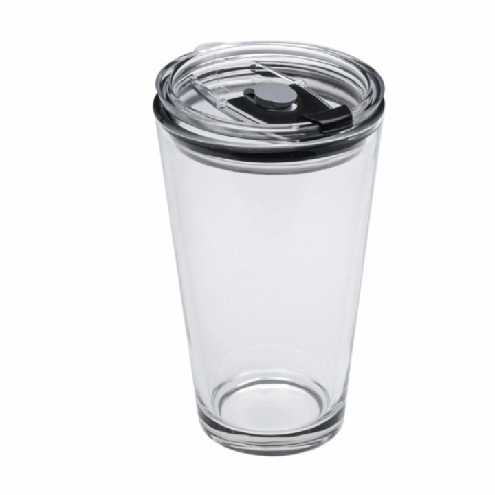 Cana din sticla transparenta Pufo pentru cafea cu capac, 450 ml