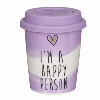 Cana ceramica Pufo Happy pentru cafea sau ceai cu capac din silicon, 340 ml Cana ceramica Pufo Happy pentru cafea sau ceai cu capac din silicon, 340 ml