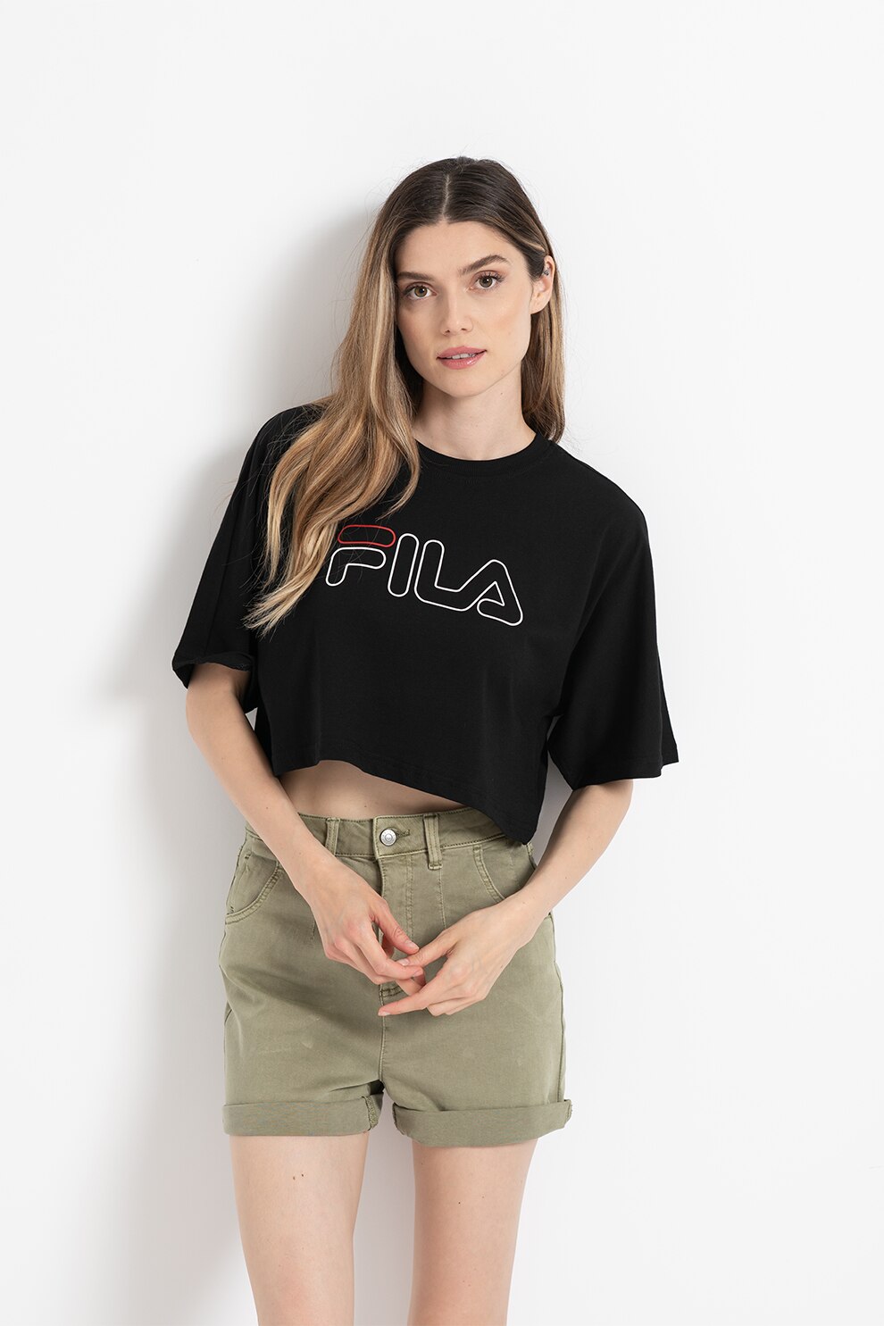 Fila, Tricou crop cu logo Jamielle, Negru/Rosu/Alb, XS