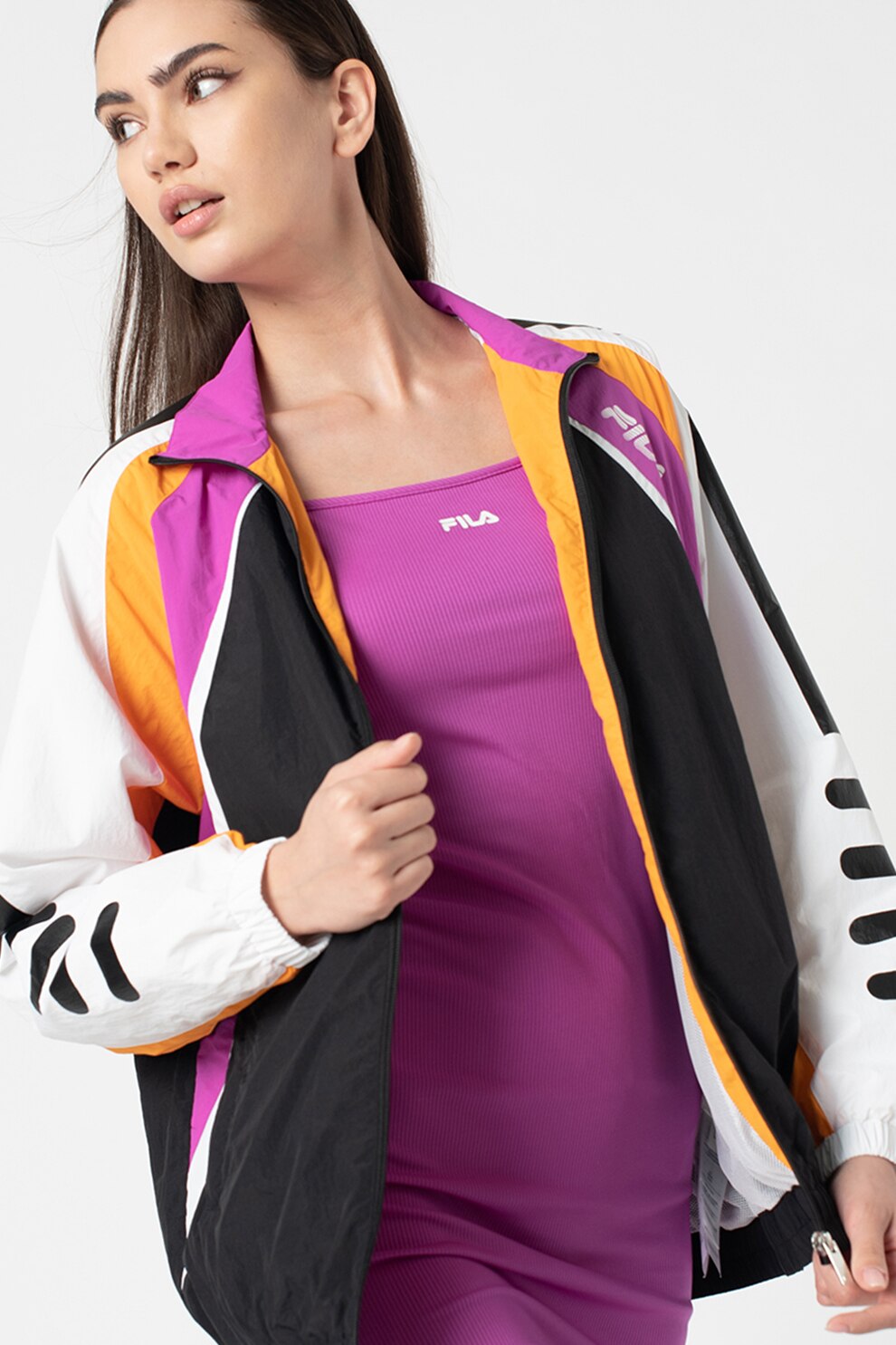 Fila, Jacheta usoara cu design colorblock Abeni, Negru/oranj/violet ametist