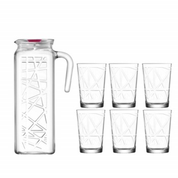Set carafa 1.2 L si 6 pahare pentru apa sau suc de 205 ml, din sticla, transparente Set carafa 1.2 L si 6 pahare pentru apa sau suc de 205 ml, din sticla, transparente