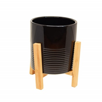 Ghiveci decorativ Pufo Black din ceramica pe suport din lemn, 15 cm Ghiveci decorativ Pufo Black din ceramica pe suport din lemn, 15 cm