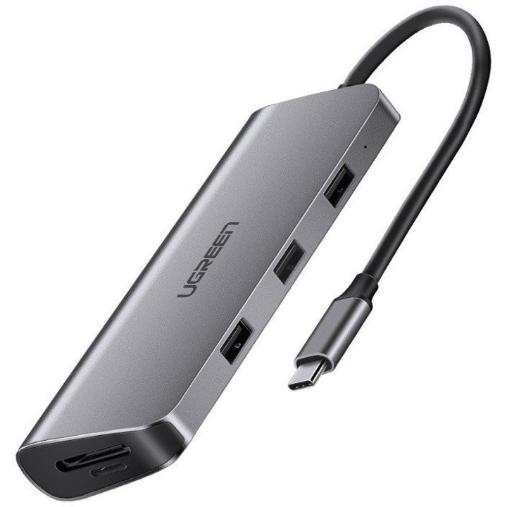 UGREEN 8in1 Adapter USB-C to HDMI 4K, 3x USB 3.0, Type-C, RJ45, SD, Micro SD (gray)