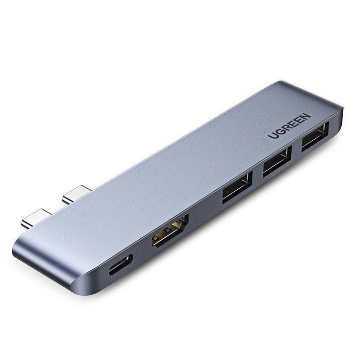 Мултифункционален хъб Ugreen, 2 порта USB-C - USB-C PD, Thunderbolt 3, 100W, 4K@60Hz, 10 Gbps, HDMI, 4K@30 Hz, 3 порта USB 3.0 за Macbook Pro / Air, сив
