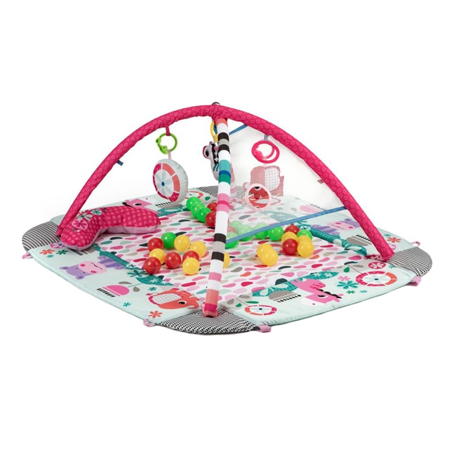 Covoras loc de joaca educativ 3in1 pentru copii, tip piscina, cu perna, jucarii si 30 bile multicolor, roz