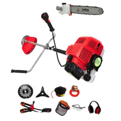 Set 10 accesorii Motocoasa + Accesoriu lama drujba, disc vidia, tambur cu fir, ham umeri, viziera, Motocoasa MF 712Rosu 4,7Cp,9000rpm,52cc
