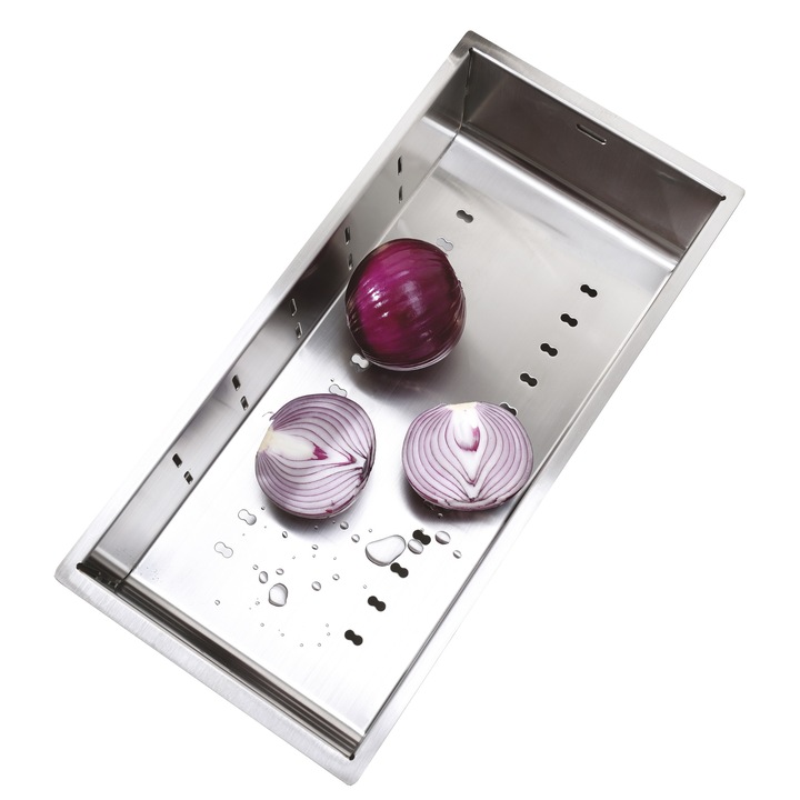 Tavita inox scurgere pe chiuveta pentru vase/legume/fructe/paste pentru chiuvete din inox sau granit 420*200*85mm