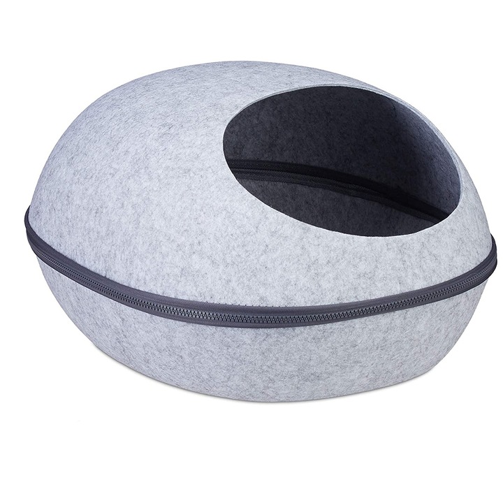 Culcus/pat pentru pisici/caini mici cu perna si fermoar, Fetru, GRI