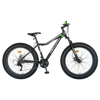 Bicicleta Fat-Bike Wolf, Shimano Tourney 21 Viteze, Roti 26 Inch, Frane pe Disc, Velors CSV26/05D, Cadru Negru cu Design Alb/Verde Bicicleta Fat-Bike Wolf, Shimano Tourney 21 Viteze, Roti 26 Inch, Frane pe Disc, Velors CSV26/05D, Cadru Negru cu Design Alb/Verde