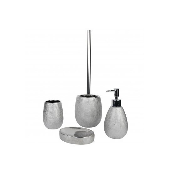 Set 4 accesorii pentru baie Axentia Hollywood, perie toaleta, pahar, dispenser, savoniera, ceramica, Argintiu