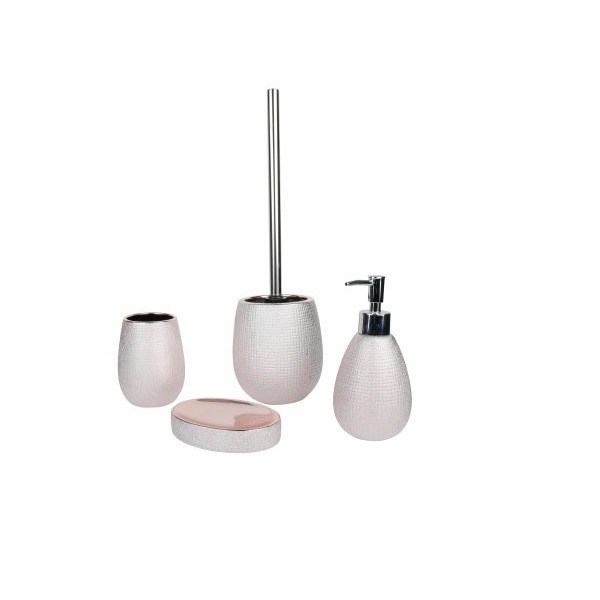 Set 4 accesorii pentru baie Axentia Hollywood, perie toaleta, pahar, dispenser, savoniera, ceramica, Rose-Gold
