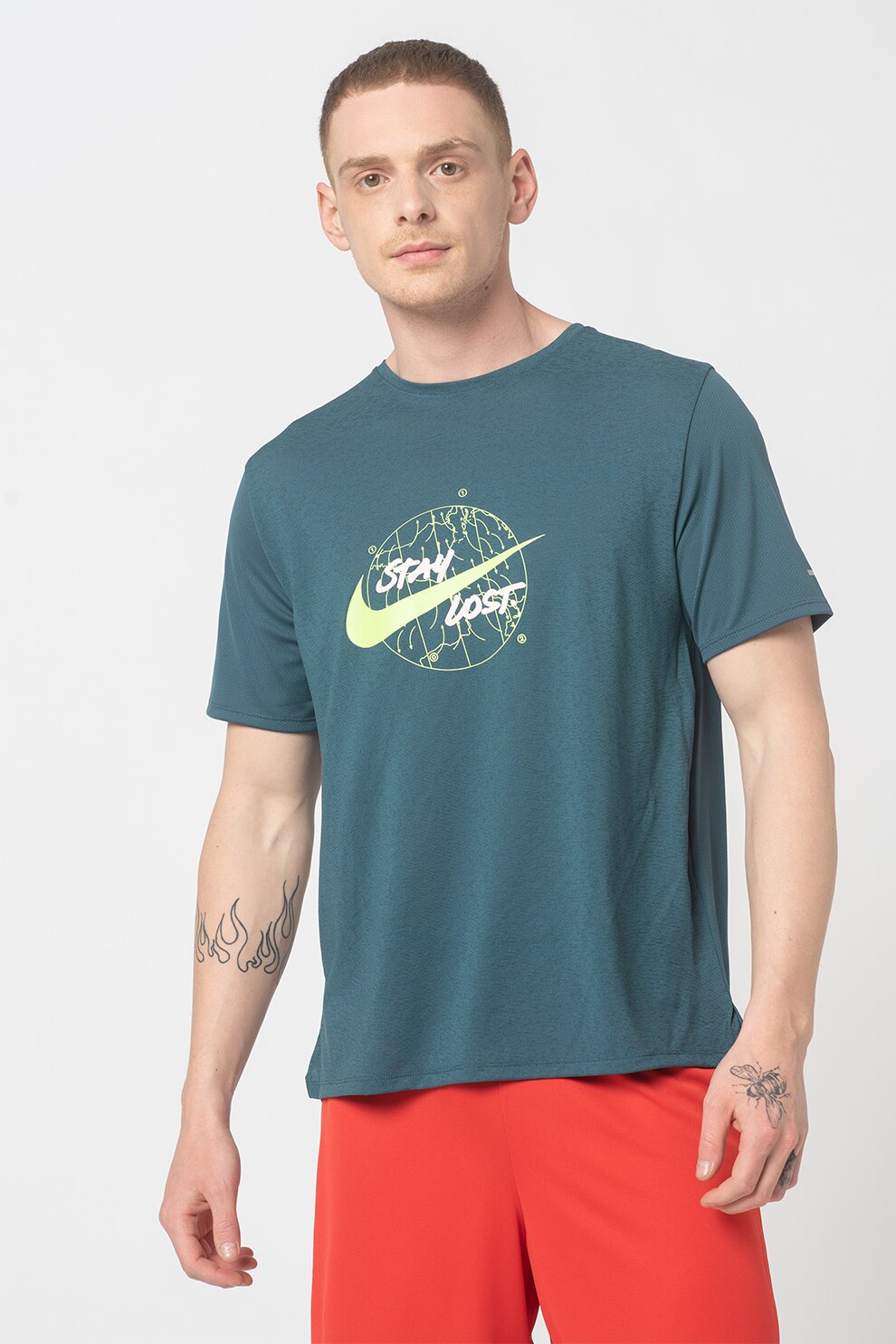 Nike, Tricou cu tehnologie Dri-Fit si slituri laterale pentru alergare Miler, ALbastru petrol/Verde lime