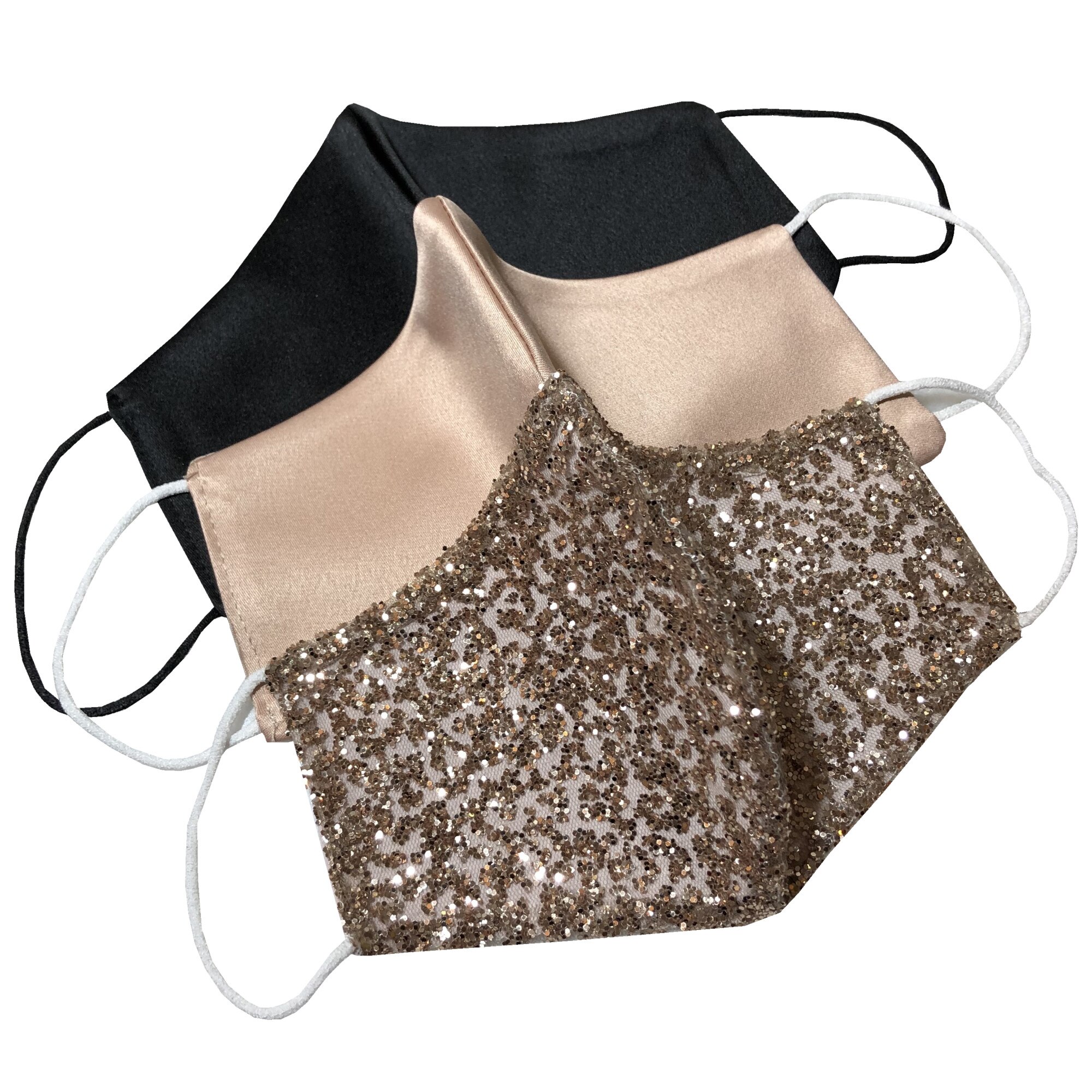 Set 3 Masti fashion reutilizabile Doua Straturi, din Bumbac, Satin si Glitter, Atelier Chantal, Multicolor