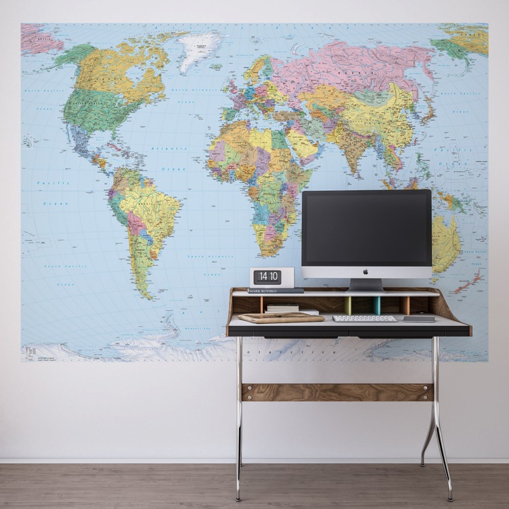 Fototapet Komar, harta lumii, multicolor, worldmap, cod 4-050 , usor de montat si de curatat, adeziv inclus
