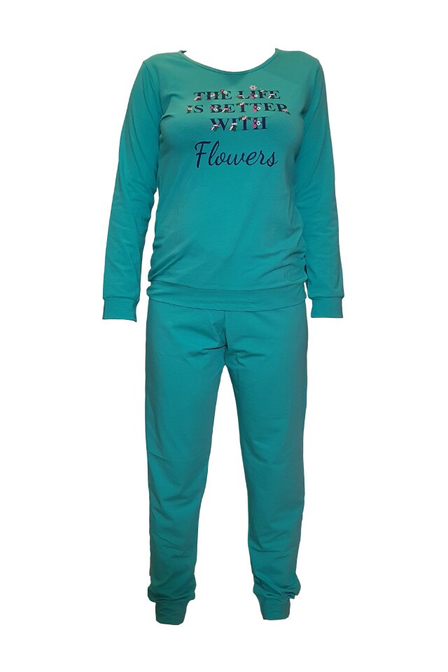 Philosophical Moon hybrid Pijamale dama, Irexim, pantaloni si maneci lungi, mansete, model  text/flowers, bumbac/elastan, verde, 48 - eMAG.ro
