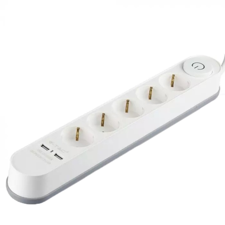 Удължител V-TAC 8807, 2xUSB 3.4A, 5 контакта, Осветен превключвател, Кабел 3G1.5 мм, 3 м, Бял