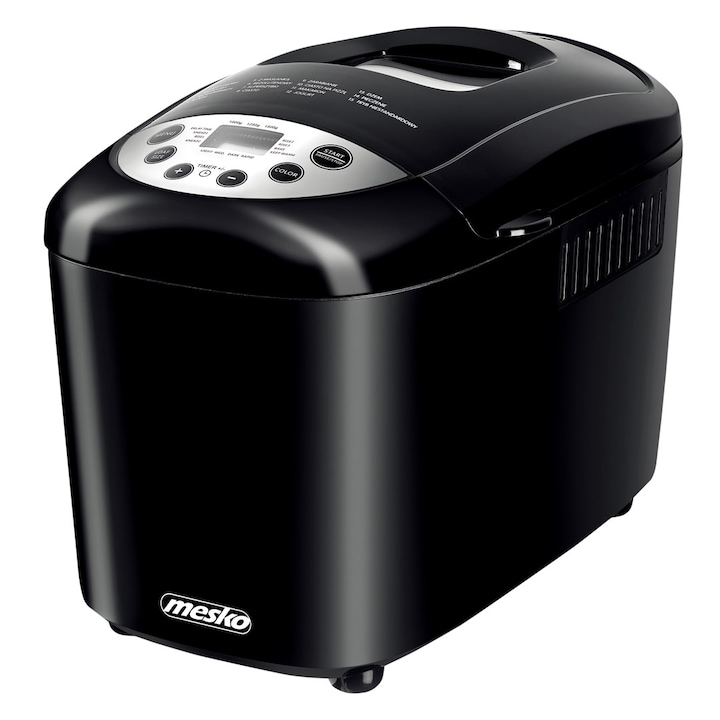 Хлебопекарна mesko ms 6022, 850w, 1000-1500 гр, 15 програми, 2 бъркалки, lcd дисплей, таймер, черен
