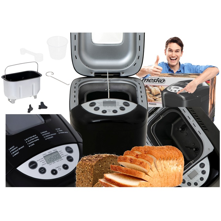 Masina Paine, Mesko, MS6022, 15 Programe, Putere 850W, Program Gluten Free, 3 Dimensiuni 1000G/1250G/1500G, Display LCD