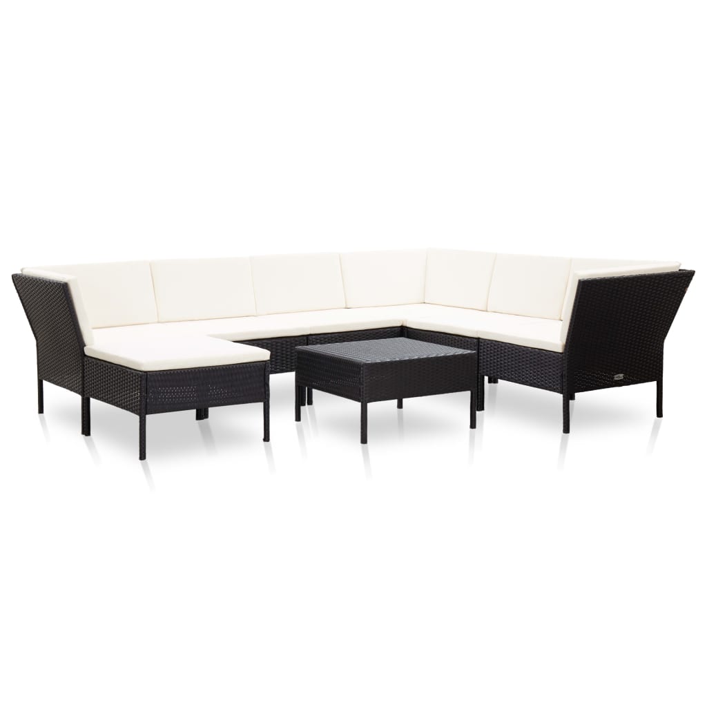 Set mobilier de gradina 8 piese masa cu canapea, vidaXL, Poliratan, 60 x 60 x 35 cm, Negru/Alb