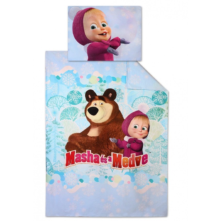 Lenjerie de pat, pentru copii, Masha si ursul, multicolor, 140 x 200 cm cearceaf pilota, 70 x 90 cm fata perna,100% bumbac