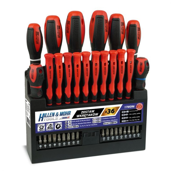 Комплект от 36 отвертки, битове с опора, стомана S2, Hillen&Mohr