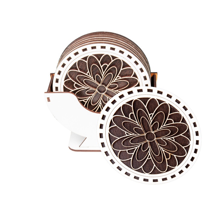 Set suport coaster + 6 suporturi pentru pahare model 9, lemn, alb, 10 cm