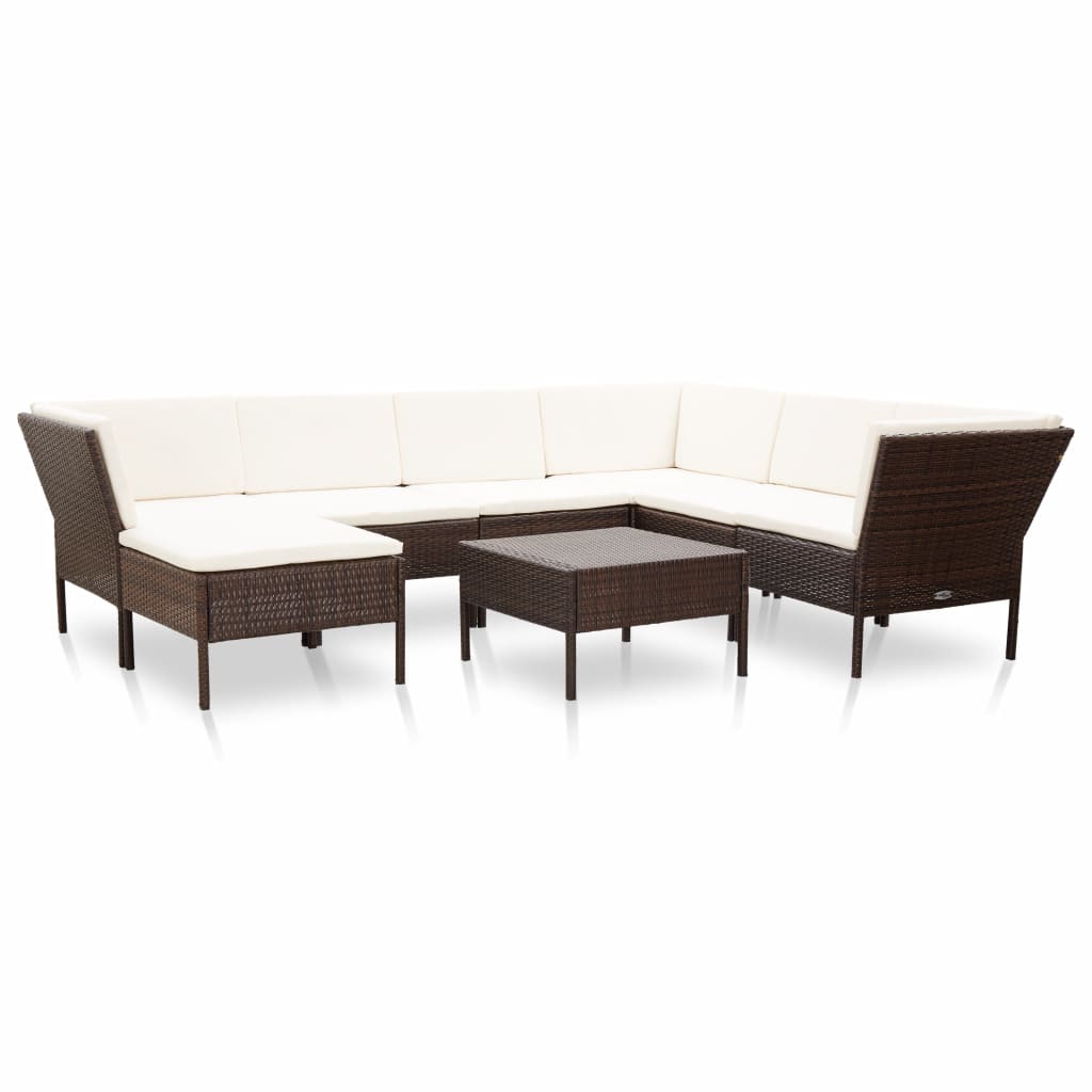 Set mobilier de gradina 8 piese masa cu canapea, vidaXL, Poliratan, 60 x 60 x 35 cm, Maro/Alb
