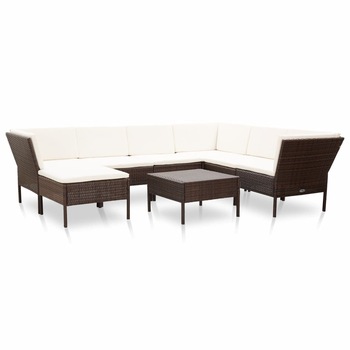Set mobilier de gradina 8 piese masa cu canapea, vidaXL, Poliratan, 60 x 60 x 35 cm, Maro/Alb Set mobilier de gradina 8 piese masa cu canapea, vidaXL, Poliratan, 60 x 60 x 35 cm, Maro/Alb