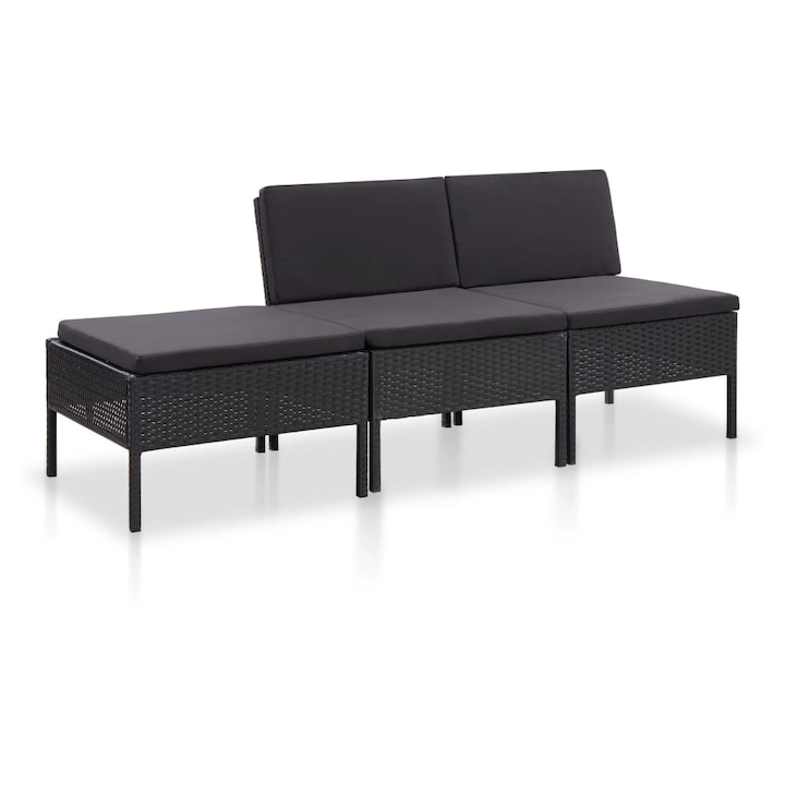 vidaXL 3 részes fekete polyrattan kerti ülőgarnitúra párnákkal 16.5 kg 48957