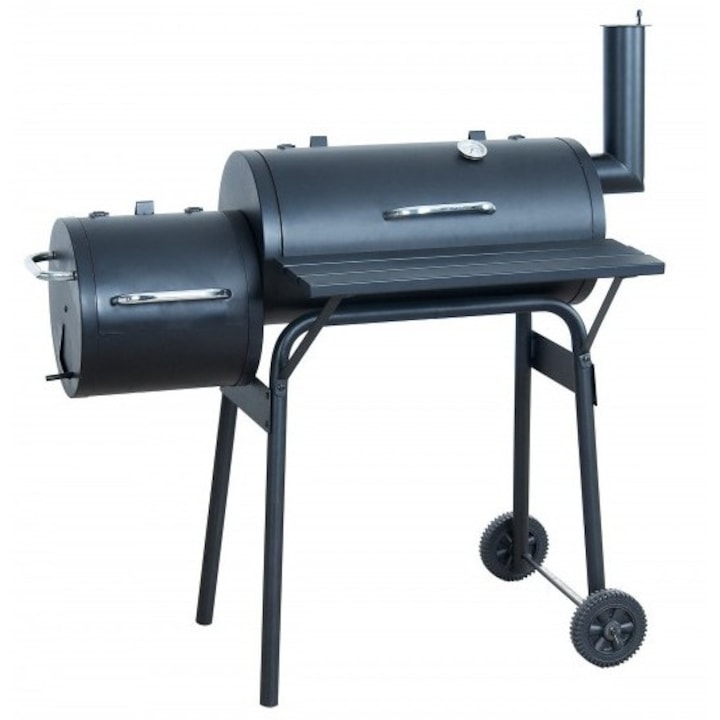 Gratar carbune BBQ smoker 2 in1, Wichita Smoker, grill si afumatoare, termometru, dimensiuni totale 116.5 X115 cm, metal, negru