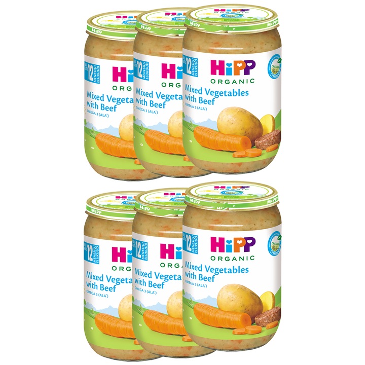 Pachet Meniu HIPP mix de legume si carne de vita, 220g, de la 1 an, 6 buc