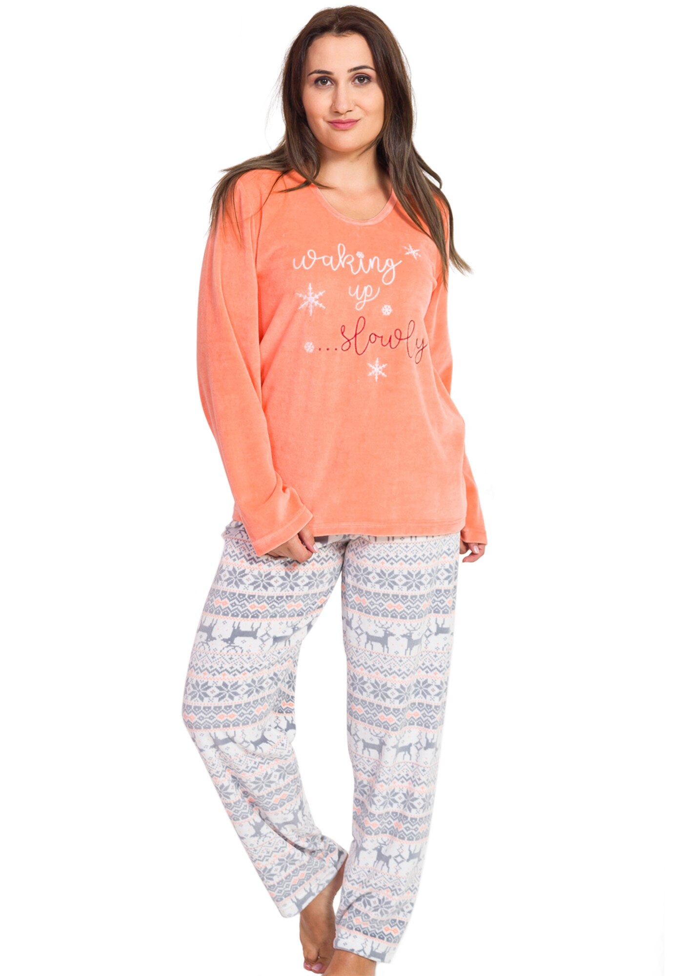 Pijama din velur Vienetta, model Waking up slowly, somon