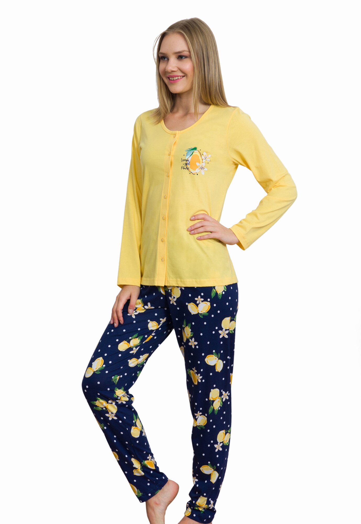 Pijama cu nasturi dama Vienetta, model Lemon Girl, galben/bleumarin