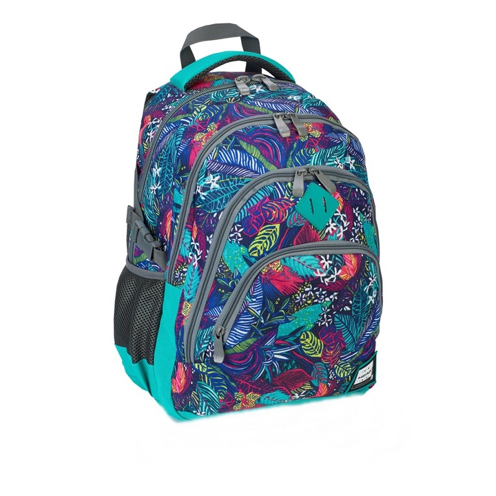 Ghiozdan HD107 4 compartimente turcoaz design frunze