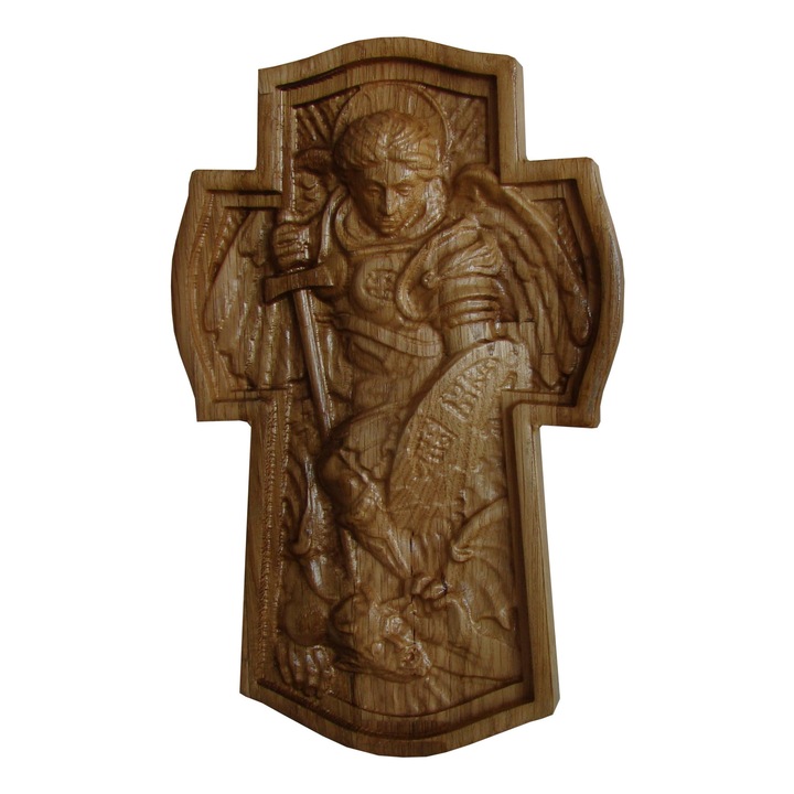 Tablou Arhanghelul Mihail biruind pe Satana, sculptura in lemn de stejar, 26,5x16,5 cm