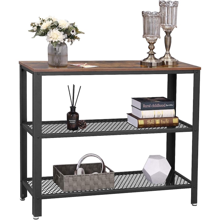 VASAGLE Masa de intrare, cadru metalic cu 3 polite din MDF, 35x102x80cm, maro rustic si negru