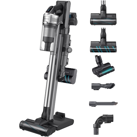 Aspirator vertical Samsung Jet 90 Complete VS20R9046T3/GE, 0.8l, Multi Cyclone, 21.9V, 550W, Baterie Li-Ion, Z-Station, Sistem filtrare 99.999%, Perie covoare, Perie parchet/gresie, Mini perie Pet, Motor Digital Inverter, Tub telescopic, Autonomie 60 min