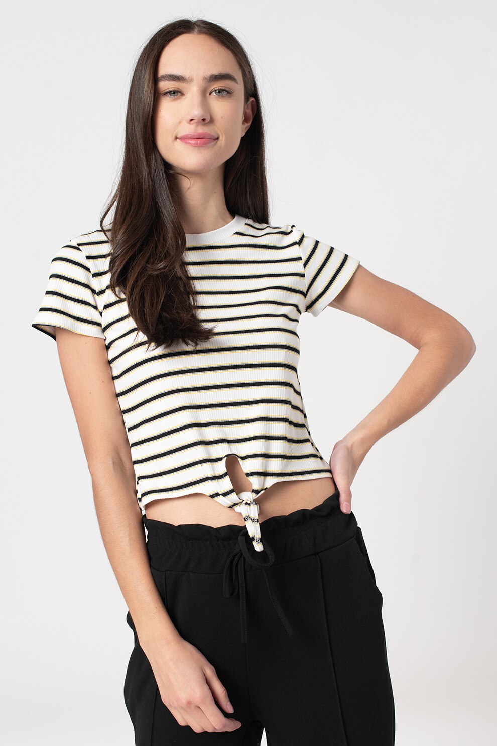 Haily's,Top crop cu imprimeu Mieke, Alb/Negru/Galben sofran