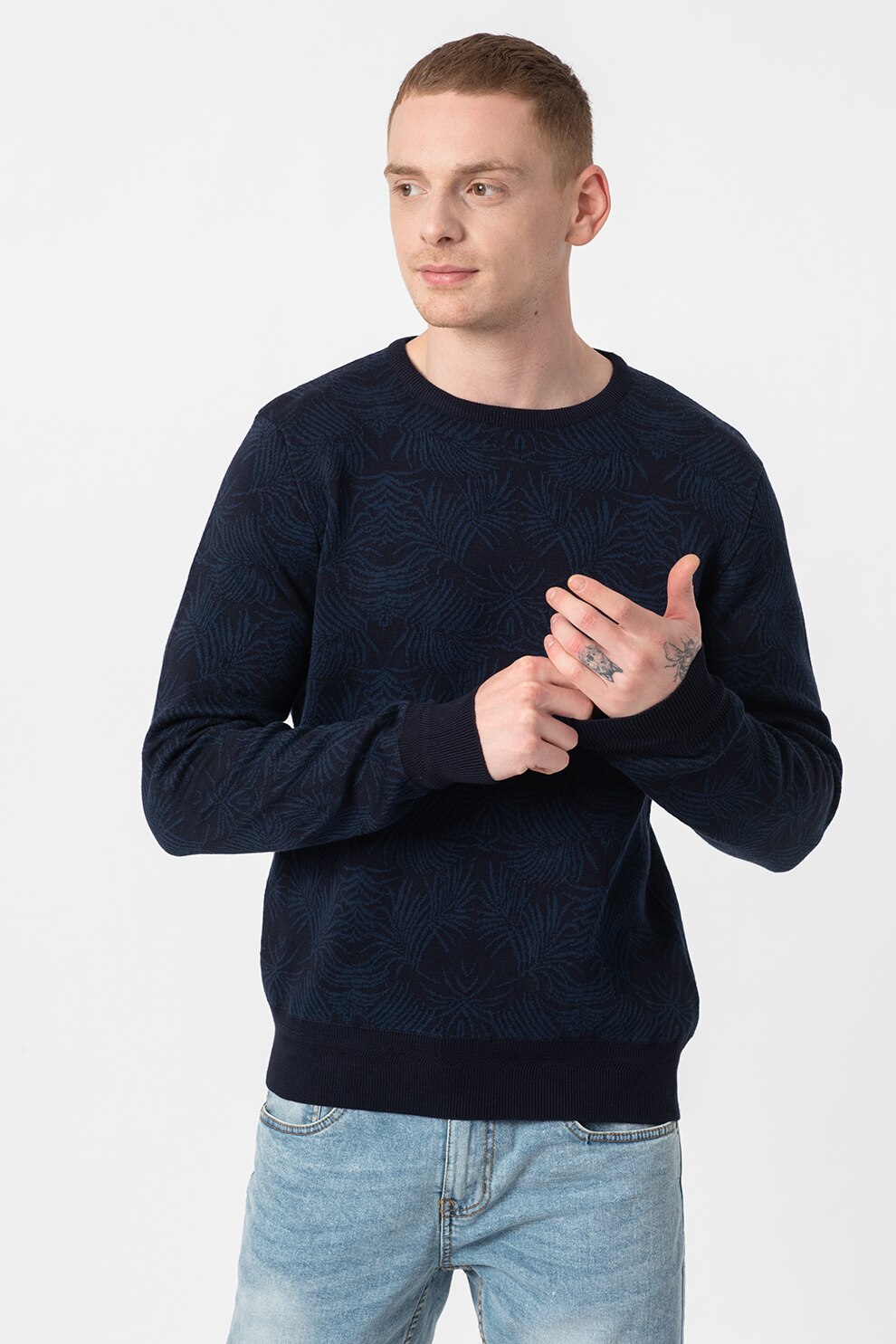 Haily's, Pulover tricotat fin Leafy, Bleumarin inchis/Albastru inchis, S