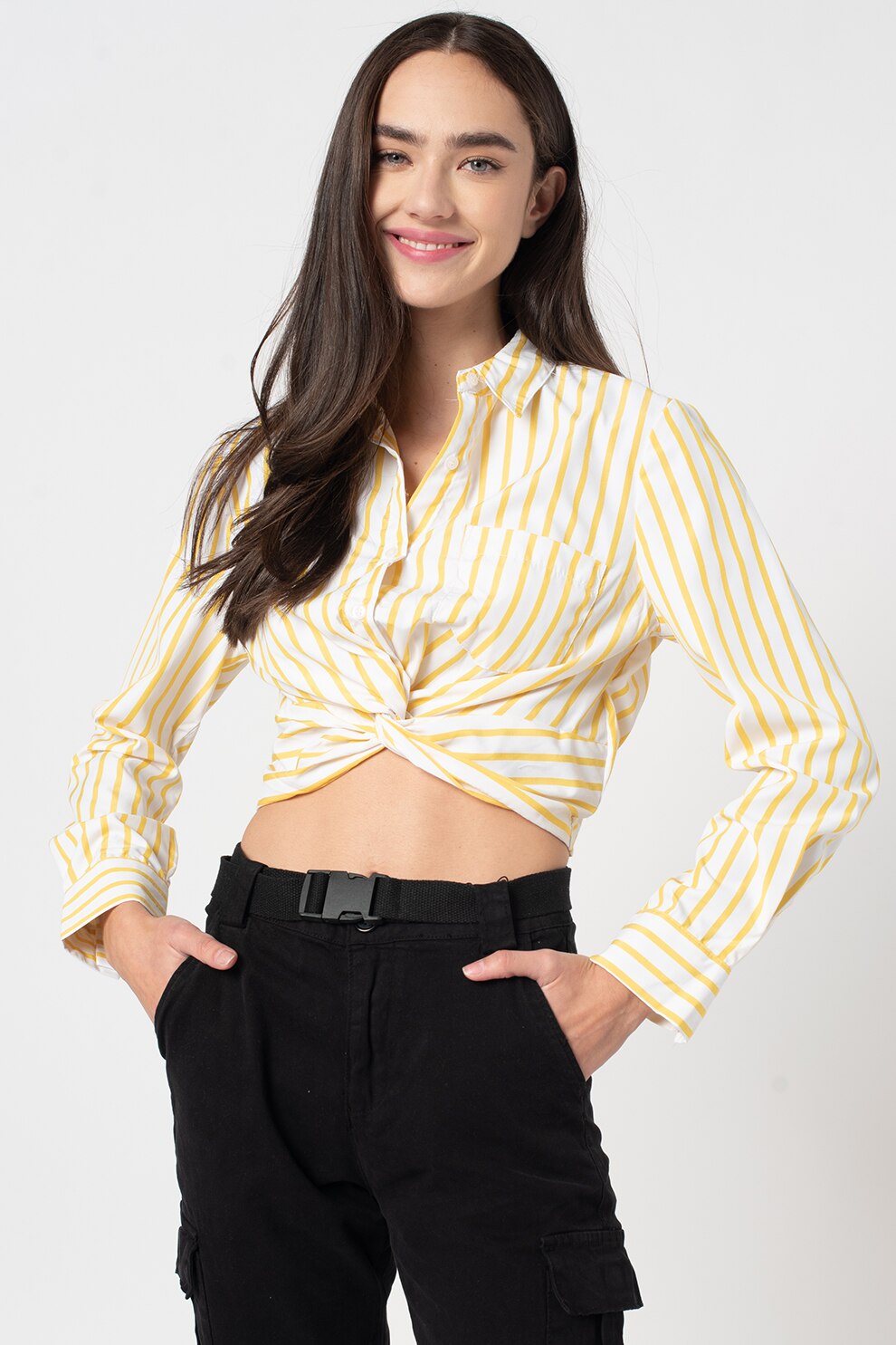 Haily's, Camasa crop cu detaliu rasucit Mimi, Alb/Galben
