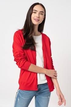 Z ONE by ZABAIONE, Cardigan cu decolteu in V si aspect de tricot fin, Rosu, 2XL Z ONE by ZABAIONE, Cardigan cu decolteu in V si aspect de tricot fin, Rosu, 2XL
