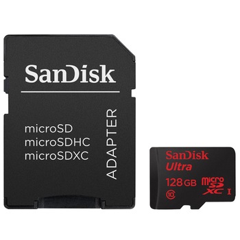 Card de memorie SanDisk Ultra MicroSDXC, 128GB, UHS-I, Class 10 + Adaptor Card de memorie SanDisk Ultra MicroSDXC, 128GB, UHS-I, Class 10 + Adaptor