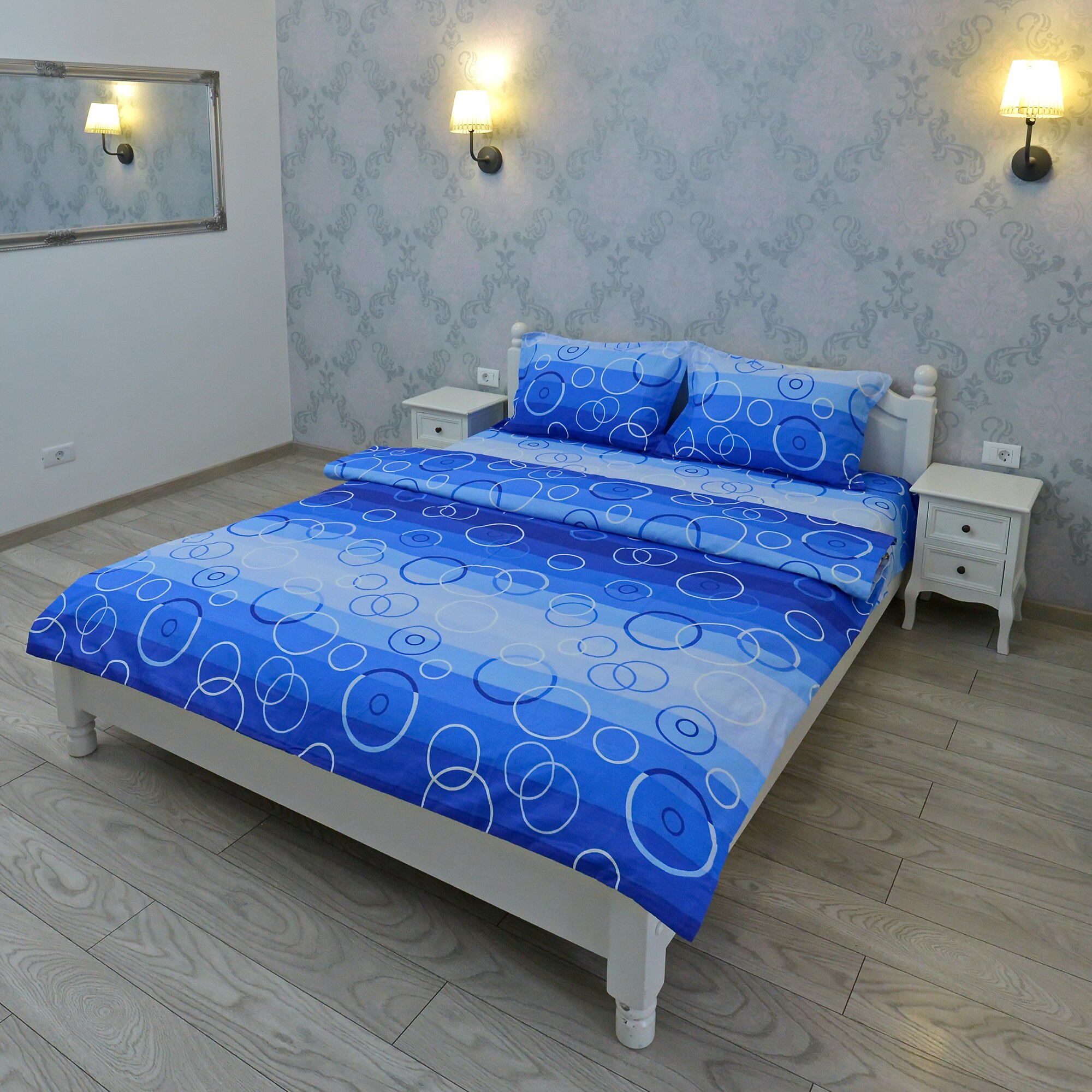 Lenjerie pentru 2 persoane Somnart Ultrasleep, bumbac 100%, albastru, model cercuri