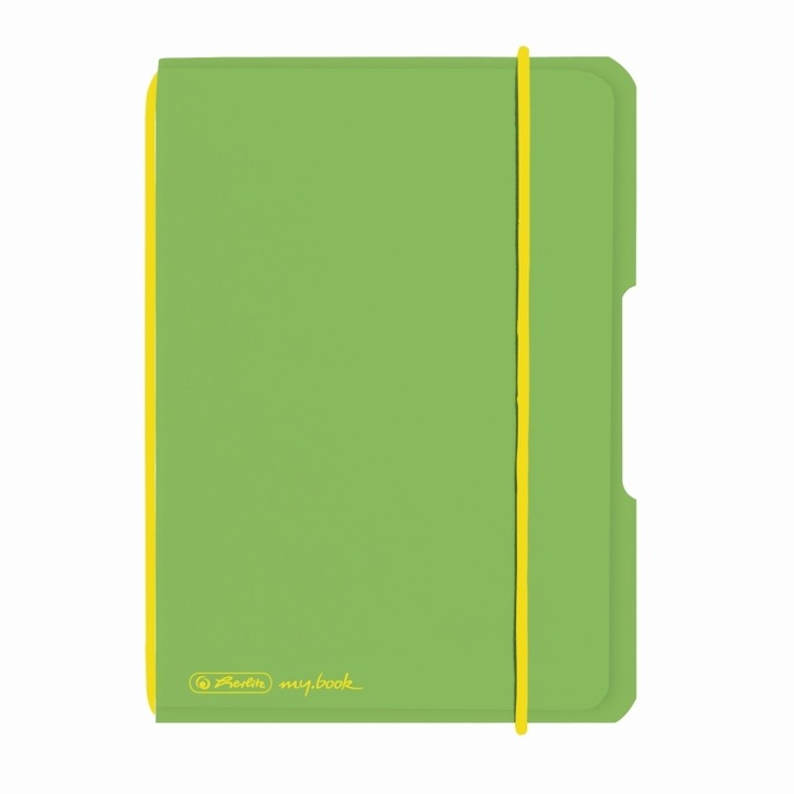 Caiet Herlitz, my.book flex, A6, 40 file, 70 g/mp dictando, coperta verde deschis transparent, elastic galben