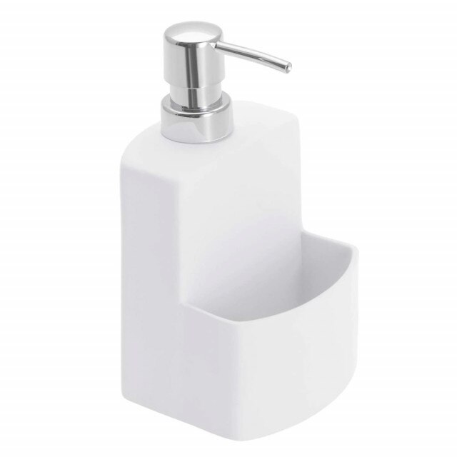 Dispenser Pufo Gentle pentru sapun lichid cu suport burete, ceramic, 17 cm, alb
