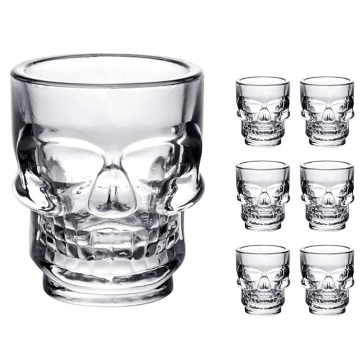Set 6 pahare din sticla Pufo pentru shoturi, forma de craniu, 50 ml- design original pentru petreceri si bar