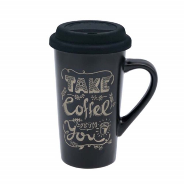 Cana ceramica Pufo pentru cafea sau ceai cu capac din silicon, model Take coffee, 400 ml, negru