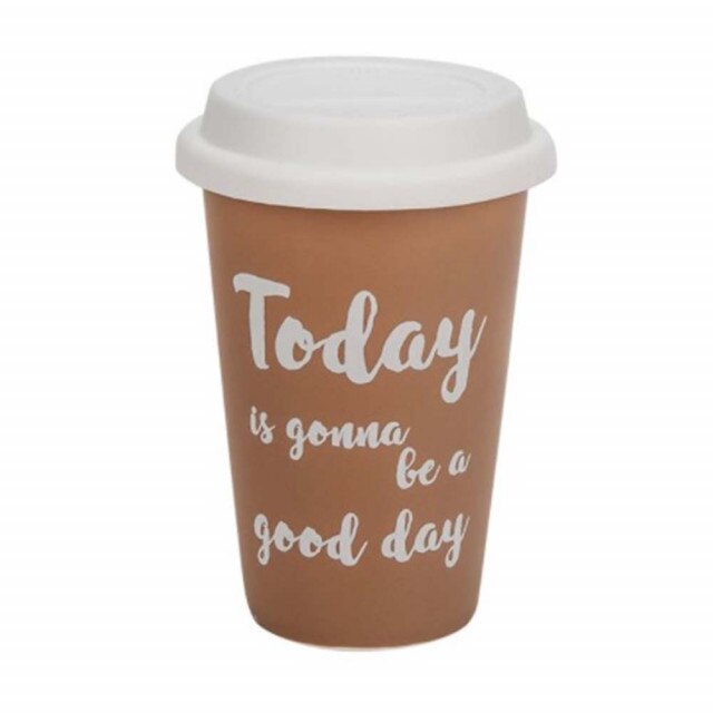 Cana ceramica Pufo pentru cafea sau ceai cu capac din silicon, model Today is a good day, 385 ml