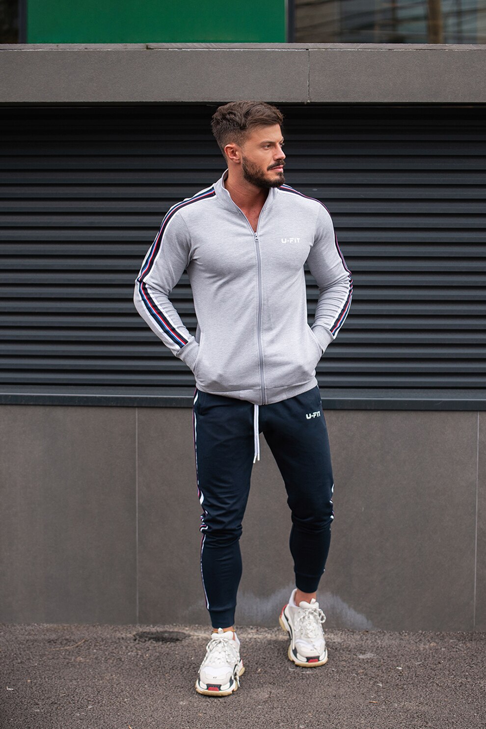 uFIT, Trening slim fit cu fermoar Stripe-Fit, Gri melange/Bleumarin, 2XL